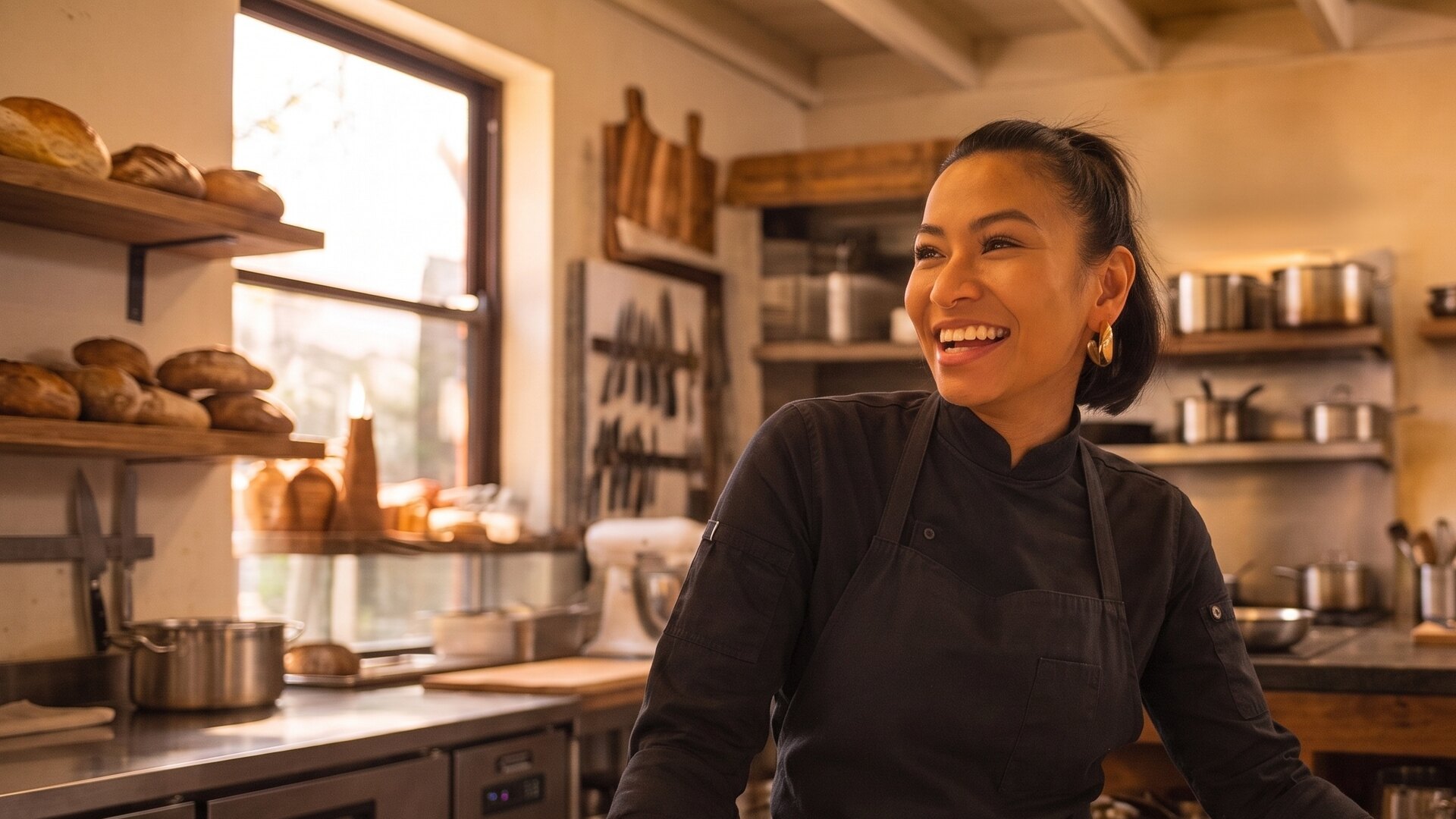 Rein Estebal in her kitchen, looking into the camera.